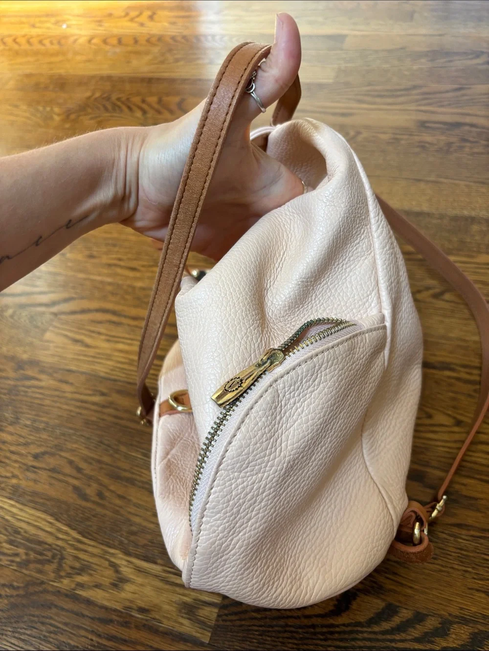 Blush Pink soft Leather Drawstring Multi Backpack w Tan Trim Valentina Italia